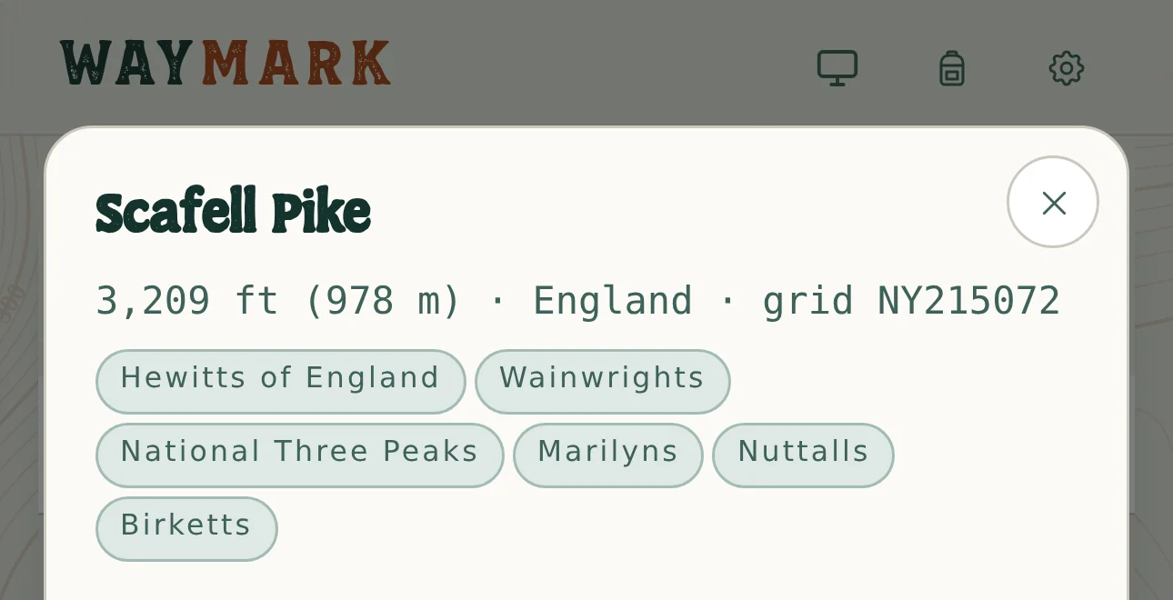 Scafell Pike marked in WayMark, showing the hill lists it counts towards